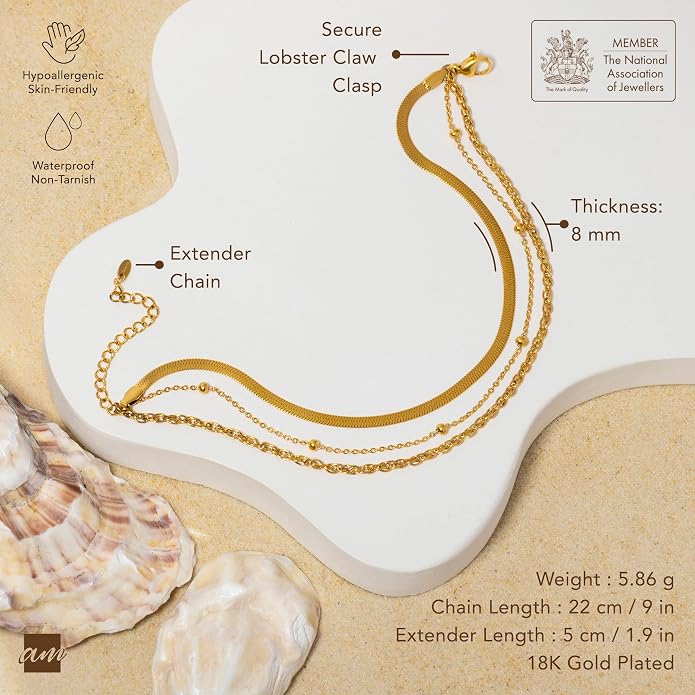 Amberta Silver Gold Waterproof Ankle Bracelets for Women | Boho Layered Anklets for Women | Summer Jewelry, Adjustable Ankle Chain Beaded Rope Heart