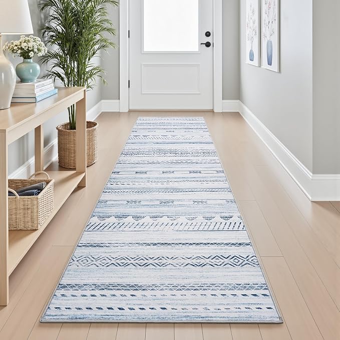 2x10 Runner Rug Machine Washable Non Slip Area Rug Distressed Neutral Moroccan Boho Rug Ultra Soft Floor Runners for Hallways for Entryway Laundry Room Kitchen, Blue