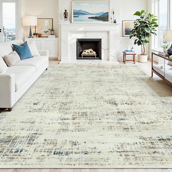 10x14 Area Rugs for Living Room Washable Rug: Anti-Skid Abstract Modern Living Room Rug Soft Thin Carpets Indoor Floor Non-Shedding Carpet for Bedroom Dining Farmhouse Nursery Gray White Blue