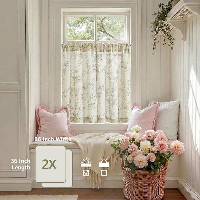 Lazzzy Elisa Floral Kitchen Curtains 36 Inch Linen Cafe Curtains Farmhouse Half Window Drapes Over Sink Light Filtering for Small Windows Rod Pocket Back Tab 2 Panels Green on Beige