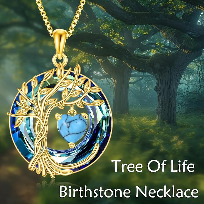 POPLYKE Mothers Day Gifts for Mom Her Wife Tree of Life Necklace 925 Sterling Silver Birthstone Pendant with Crystal Anniversary Birthday Wedding Jewelry for Women