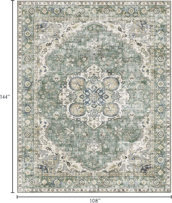 LUXRUG Area Rugs 9x12 Living Room - Large Washable Sage Green Boho Rugs for Bedroom Soft Vintage Rug Ultra-Thin Farmhouse Oriental Medallion Carpet Non Slip Rug for Dining Room Guest Room Home Decor