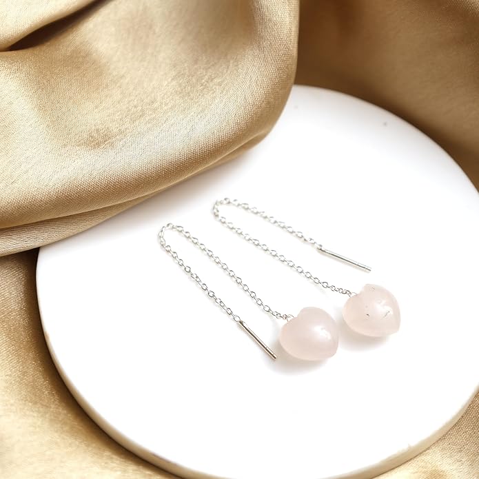 Gemstone Heart Shaped Threader Earrings in 925 Sterling Silver, Pull Through Adjustable, Versatile & Trendy, Perfect Valentine's Gift for Women, Choice of Gemstone Available
