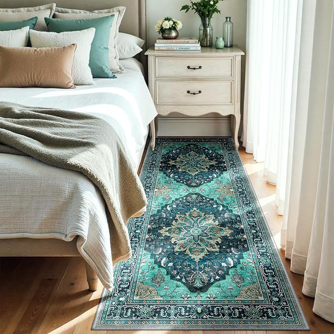 RELEANY Area Rugs Runner 3'x6' Washable Non-Slip, Floral Vintage Distress Medallion Carpet for Kitchen Hallway Bedroom Beside Laundry Room Bathroom, Teal Green Lake Blue Turquoise