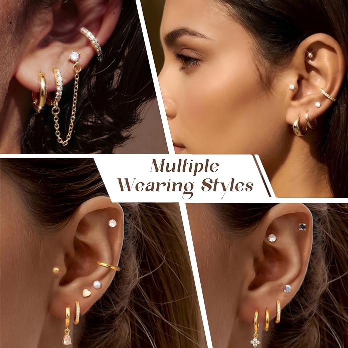 Incaton Hypoallergenic Flat Back Earrings for Women 14K Gold Stainless Steel Earrings for Sensitive Ears 20G Cartilage Earring Stacks Huggie Hoops Flatback Stud Earring Sets for Multiple Piercing Silver