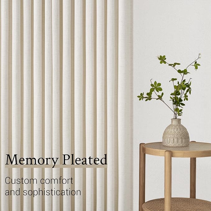 Pinch Pleated 92 Inch Curtains 2 Panels for Living Room Birch Linen Curtains 92 Inches Long Pinch Pleat Drapes for Track System Light Filtering Semi Sheer Curtains for Living Room Bedroom,Cream
