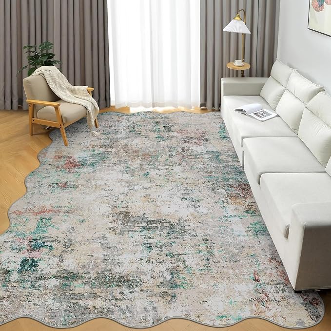 ROYHOME Modern Abstract Scalloped Area Rug 10x13 Non Slip Non Shedding Rug Low Pile Stain Resistant for Bedroom Living Room,Colorful
