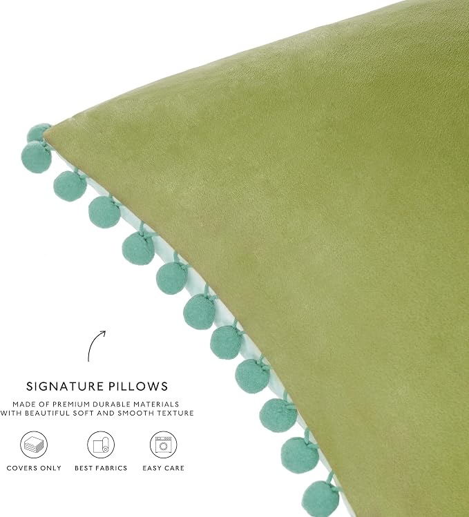 MONDAY MOOSE Decorative Throw Pillow Covers Cushion Cases, Set of 4 Soft Velvet Pom Poms Double-Sided Designs, Mix and Match for Home Decor, Pillow Inserts Not Included (18x18 inch, Green/Blue)