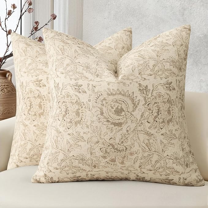 Vintage Floral Print Throw Pillow Covers 26x26 Set of 2 Neutral Modern Farmhouse Pillowcases Accent Decorative Cushion Covers Boho Home Decor for Couch Sofa Chair Bed Living Room, Natural Beige
