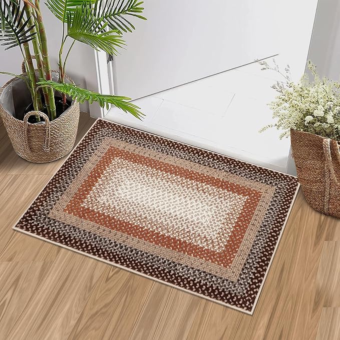 RUGSREAL Entryway Area Rug 2x3 Small Machine Washable Bedroom Rug Non Slip Bathroom Mat Stain Resistant Kitchen Rug Farmhouse Carpet Modern Rustic Area Rug for Living Room Dining Room, Brown/Rust
