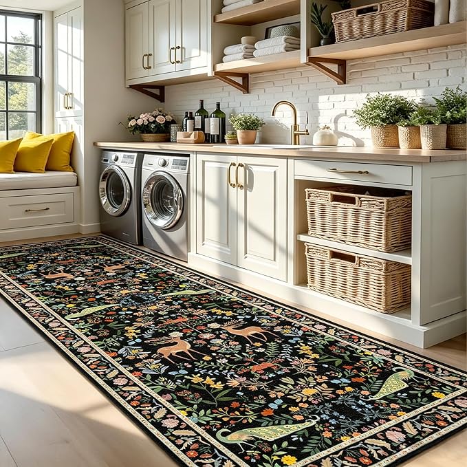 2x6 Black Bathroom Rugs - Washable Floral Runners for Kitchen Floor, Hallway, Low Pile & Soft Non Slip Bedroom Carpet with Rubber Backing, Dark Botanical & Animal Decor