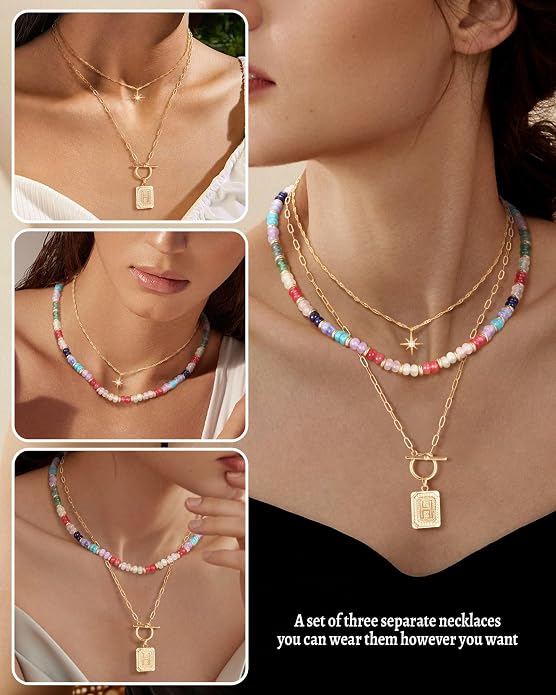 MJartoria Layered Initial Necklaces for Women Trendy, 14K Gold Plated Brass Simple Star Choker Square Letter Pendant Necklace, Colorful Beaded Necklaces Jewelry Gifts
