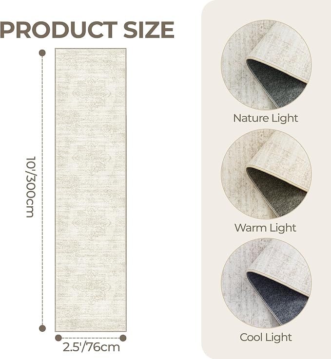 2'6 x 10' Runner Rug Non Slip,Washable Kitchen Rugs,Beige | 10 ft Runner Rug for Hallway,Entryway,Bedroom,Bathroom,Living Room,Thin,Soft, Long Rug,Stain Resistant Indoor Carpet