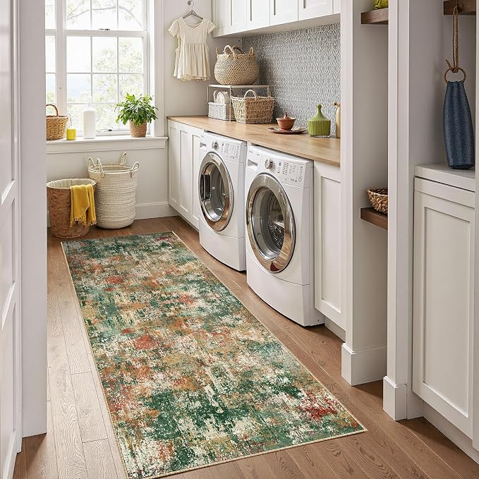 RELEANY Washable Area Rugs 2'x8' Non-Slip Modern Abstract Soft for Living Room Entryway Bedroom Kitchen, Print Pattern, Green Orange Rust Red Cream Colorful