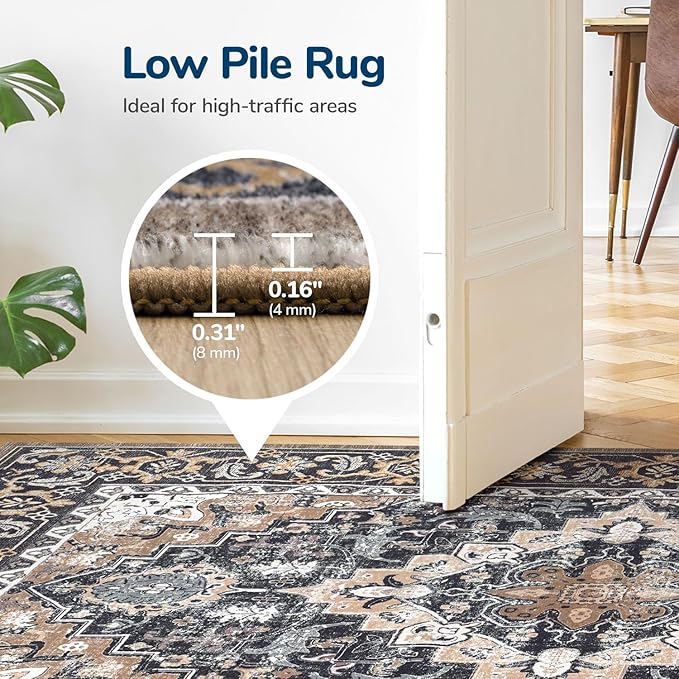 Lessymo 2 x 4 Entryway Rug, Machine Washable Area Rugs Boho Faux Wool Low Pile Area Rug for Bedroom, Floral Medallion Vintage Outdoor Rugs with Non-Slip Rubber,Black Brown