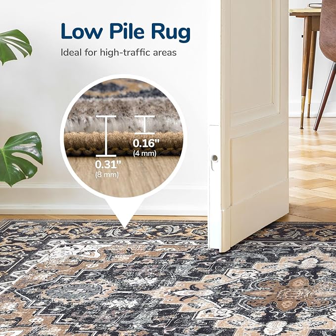 Lessymo Area Rugs 5x8, Machine Washable Area Rug, Super Soft Faux-Wool Area Rugs for Living Room Bedroom Kitchen, Boho Vintage Floral, Non-Slip Low Pile, Kid & Pet Friendly, Black Brown
