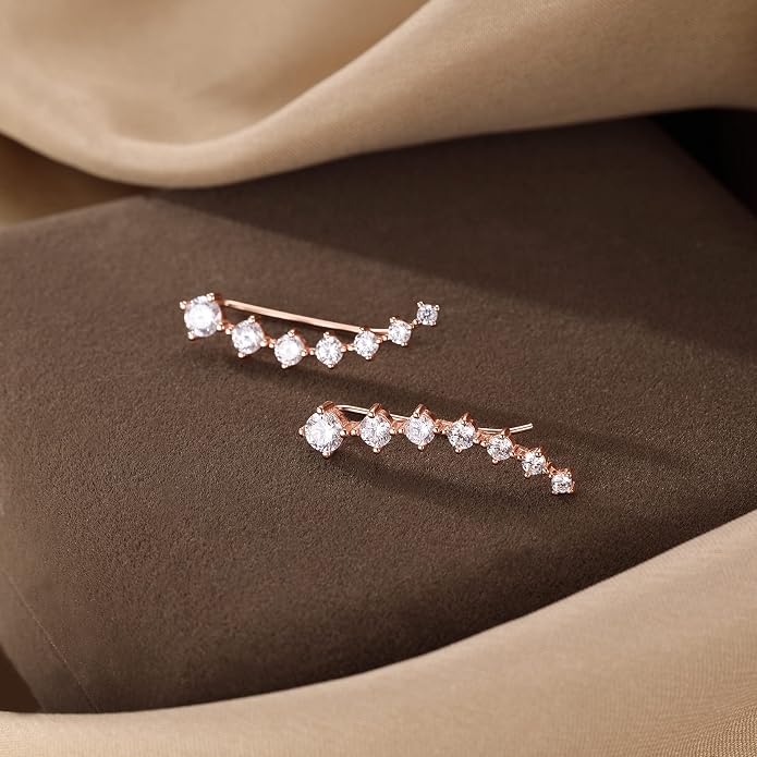 Reffeer Solid 925 Sterling Silver 7 Crystals Cuff Earrings Climber for Women Crawler Earrings Wraps