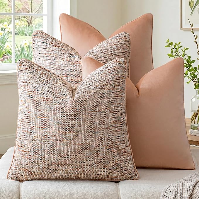 a moment Light Pink 4 Pack Throw Pillow Covers - Chenille & Velvet Set with Piping, Farmhouse Textured Design Pillow Cases for Couch Sofa Bed Livingroom (20x20 Inch, No Insert)