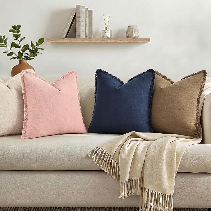 decorUhome Linen Fringe Navy Blue Throw Pillow Covers 20x20 Set of 2 | Decorative Soft Accent Modern Boho Farmhouse Cushion Covers with Tassels Cotton Pillow Covers for Couch Bed Sofa