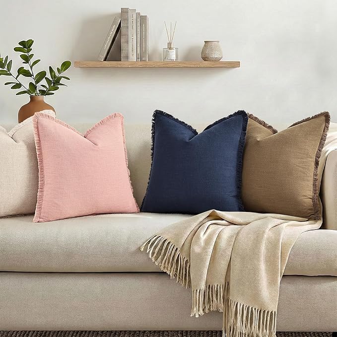decorUhome Linen Fringe Pink Throw Pillow Covers 18x18 Set of 2 | Decorative Soft Accent Modern Boho Farmhouse Cushion Covers with Tassels Cotton Pillow Covers for Couch Bed Sofa