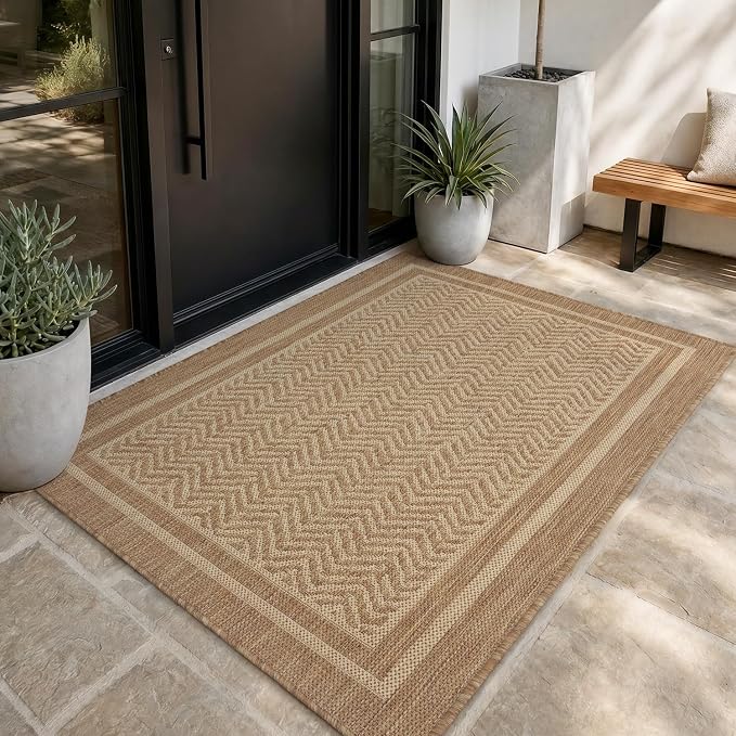 MontVoo-3x5 Outdoor Rug Porch Entryway Rug-Polypropylene Indoor Outdoor Rugs for Entryway Kitchen Balcony Patio, Textured Weave, Durable, Fade-Resistant, Non-Shedding, Boho Geometric Neutral Brown