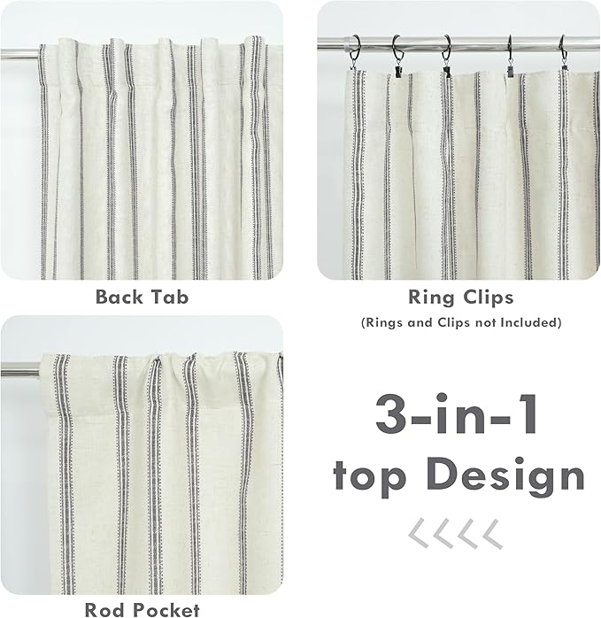 DriftAway Farmhouse Stripe Blackout Curtains, W52xL108, Gray | Blackout, Linen Texture, Stripe Pattern, Rod Pocket & Back Tab, Two Layers, Bedroom Living Room Use, Sound Reducing Design