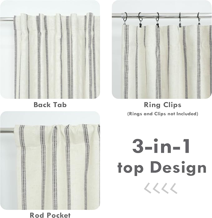 DriftAway Farmhouse Stripe Blackout Curtains, W52xL84, Gray | Blackout, Linen Texture, Stripe Pattern, Rod Pocket & Back Tab, Two Layers, Bedroom Living Room Use, Sound Reducing Design