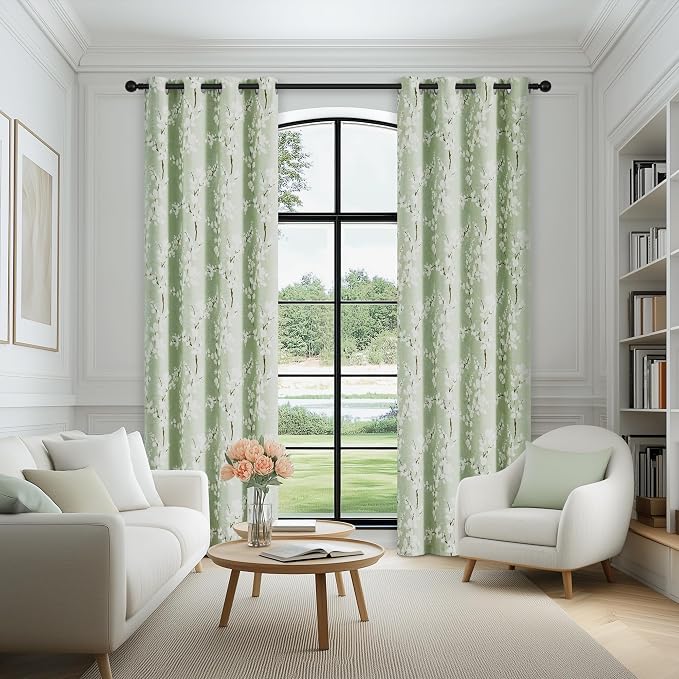 FMFUNCTEX 100% Blackout Green Floral Curtains 84 Inch Grommet 2 Panels | Black Out Drapes, Thermal Insulated Cottage Farmhouse, Blossom Flower Patterned Curtain for Bedroom, Living Room Darkening