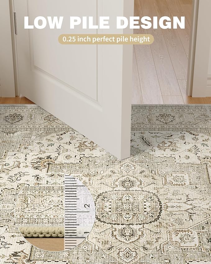 Roxstand Washable 3x5 Area Rug, Non Slip Rug for Entryway Ivory/Beige | Low Pile Vintage Rug, Stain Resistant, Non-Shedding Design, Pet & Kid Friendly, Carpet for Living Room, Bedroom, Dining Room