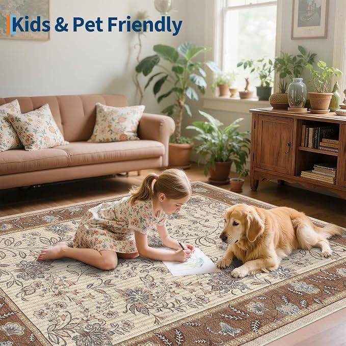 GarveeHome 4x6 Brown Washable Area Rug for Nursery Room, French Country Floral Bedroom Rug Non Slip Low Pile Carpet Stain Resistant Throw Rug for Bedside Kids Room Office Dining Room