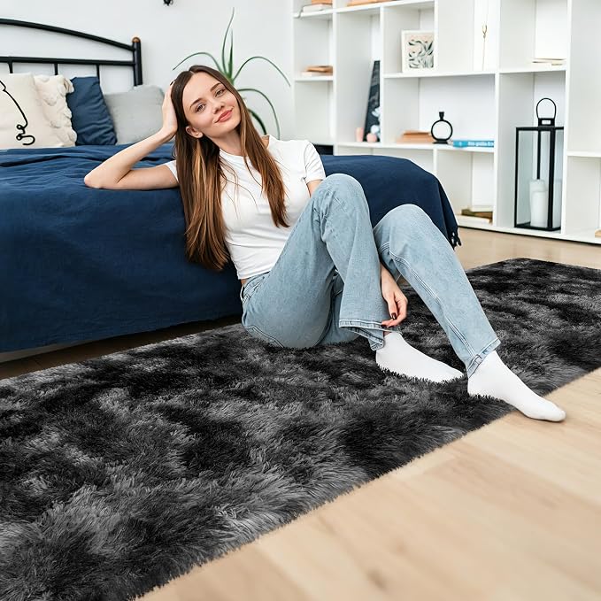 2x10 Feet Tie-Dye Black Grey Runner Rug for Bedroom Bedside, Soft Fluffy Long Shag Carpet Runner for Hallway, Machine Washable Rug for Living Room, Kids Room Boys, Dorm, Nursery, Home Decor