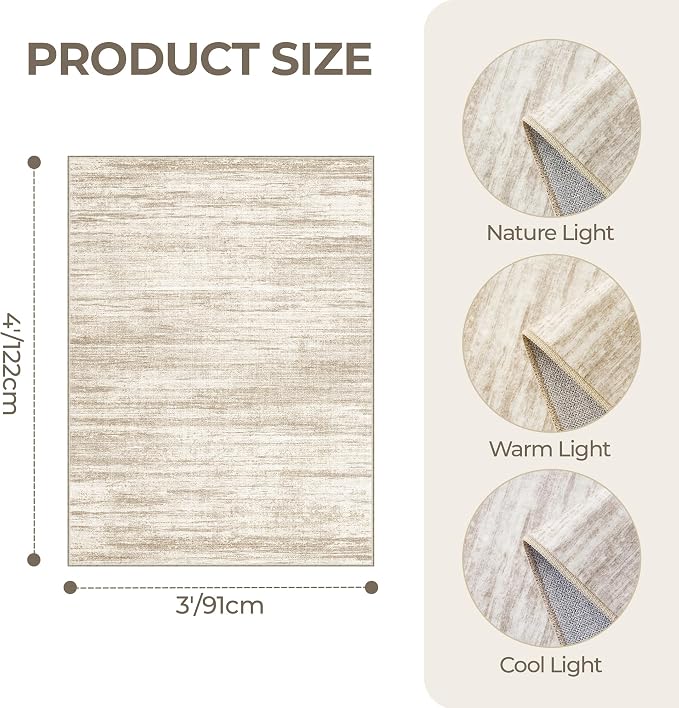 3x4 Rugs for Entryway,Washable Area Rug,Brown | Small Rug for Kitchen,Hallway,Bedroom,Bathroom,Thin,Soft, Neutral Rug,Stain Resistant Indoor Carpet,Non Slip