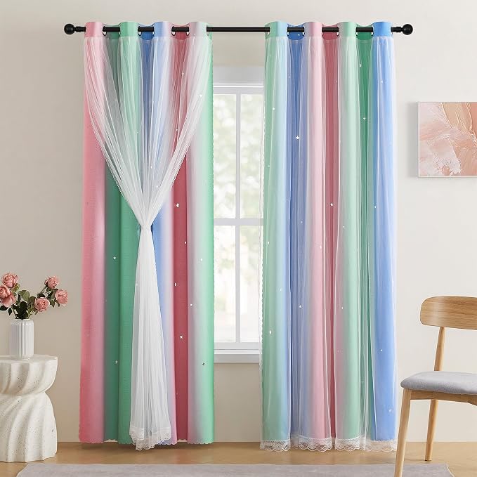 XiDi Short Curtains for Girls Bedroom Decor Kids Blackout Curtains for Nursery Room Darkening Rainbow Princess Unicorn Wall Decals Little Girl Pink Green Blue 34x63 Inches Long 2 Panels Set