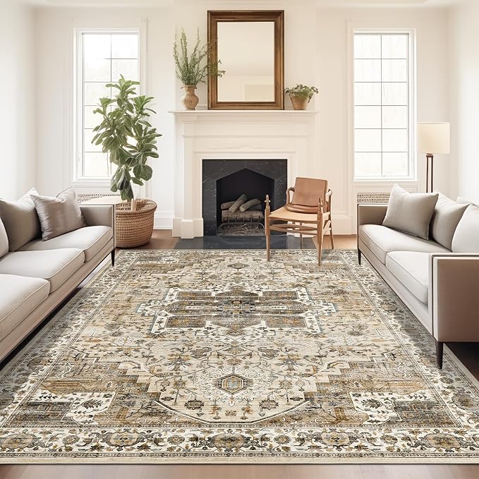 Roxstand 8x10 Washable Area Rugs, Non Slip Vintage Rug, Beige/Brown | Low Pile,Non-Slip Backing, Pet & Kid Friendly, Stain Resistant Rug for Living Room, Bedroom, Dining Room
