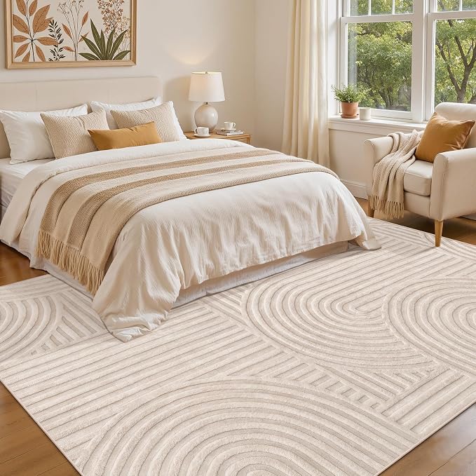 Ciicool 5x7 Area Rug for Living Room,Beige Washable High-Low Pile Carpet | Large Modern Textured Soft Fluffy Non Slip Mat Stain Resistant Non Shedding Geometric for Kids Bedside Bedroom Dining Room