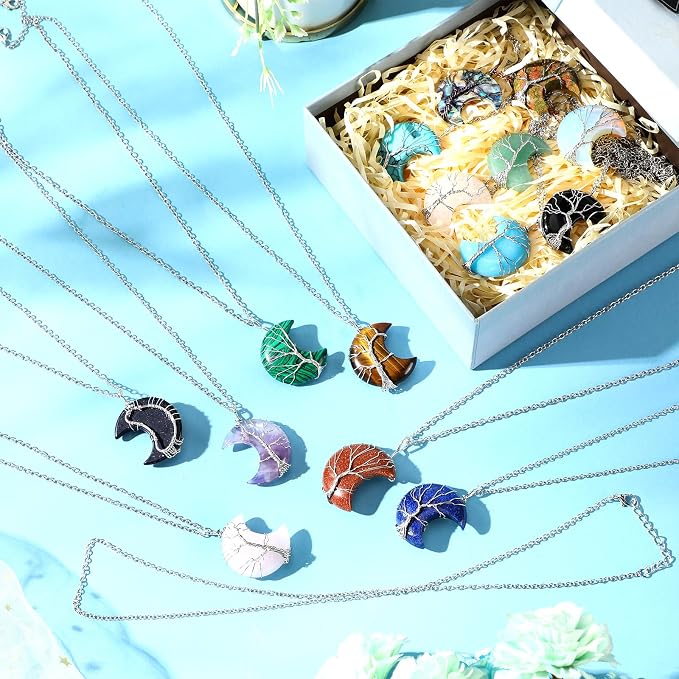 Sherr 15 Pcs Life Tree Crescent Moon Necklace Wire Wrap Natural Gemstones Pendant Healing Crystal Necklaces Reiki Spiritual Multicolored Jewelry Gift for Women