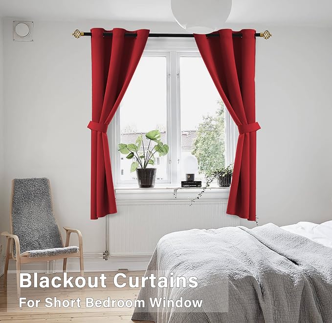 KOUFALL Red Kitchen Curtains,Short Blackout Window Curtains for Bathroom,45 Inch Length,Sets of 2 Piece