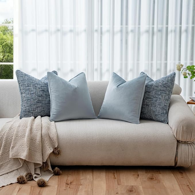a moment Light Blue 4 Pack Throw Pillow Covers - Chenille & Velvet Set with Piping, Farmhouse Textured Design Pillow Cases for Couch Sofa Bed Livingroom (16x16 Inch, No Insert)