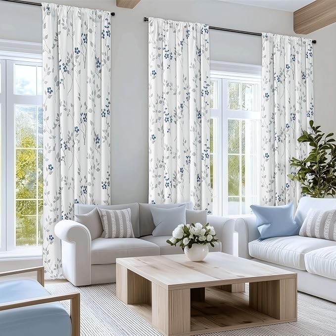 Beauoop Floral 100% Blackout Curtains for Bedroom Blue Grey 52X63 2 Panels | Flower Patterned Blue White Room Darkening Drapes for Living Room 63 Inch Long Thermal Soundproof Window treatment Rod Pocket