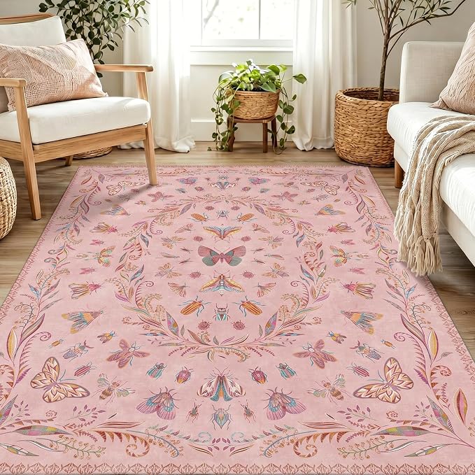 Lunasun Floral Pink Rugs for Bedroom Girls 6x9 - Insect Print Cute Girly Rug for Living Room, Dining Room Under Kitchen Table, Washable Low Pile Vintage Bug Art Nouveau Home Decor