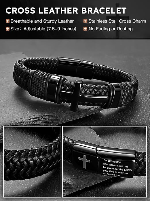 Black Cross Cuff Bracelet for Men,Stainless Steel Braided Leather Bible Verse Bracelet with Joshua 1:9 Inspirational Faith Gift for Dad,Brother,Son,family,Religious Baptism and Confirmation Gifts