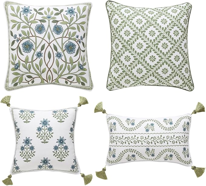 ISAENNE Designer Elegant Linen Throw Pillow Cover,Set of 4-Mosella ABCD | French Cottage Pillow Cover,Concealed Zipper,Floral Pattern,Sofas,Bedroom,Living Room,Lounge Chairs,All Season Home Decor