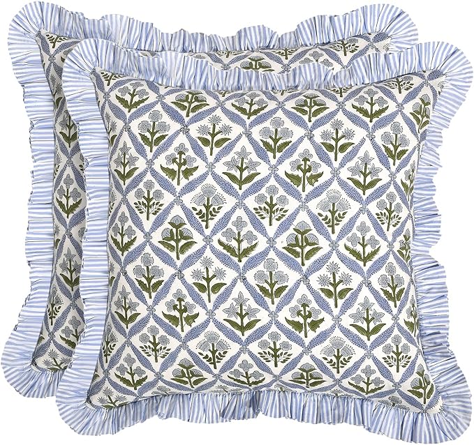 Ridhi Block Print Light Steel Blue Throw Pillow Cover 16" x 16" (Pack of 2) Decorative Cushion Covers with Ruffle for Couch, Sofa, Bed, Living Room, Home Decor Gift for Spring, Easter, Valentine