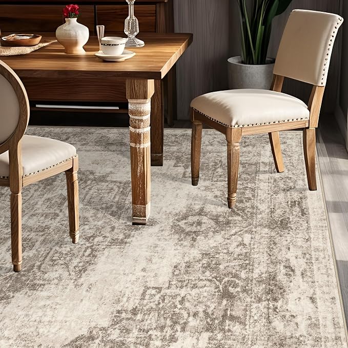 Area Rug 5x7 Vintage Rugs: Washable Indoor Medallion Rug Low Pile Distressed Floor Carpet Retro Accent Rugs for Living Room Bedroom Kitchen Dining Table Home Office(Taupe, 5'x7')