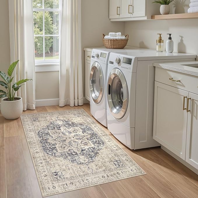 Tortania Area Rug Living Room Rugs - 3x5 Washable Rug Vintage Oriental Distressed Farmhouse Small Thin Indoor Carpet for Living Room Bedroom Under Dining Table Home Office - Cream Blue