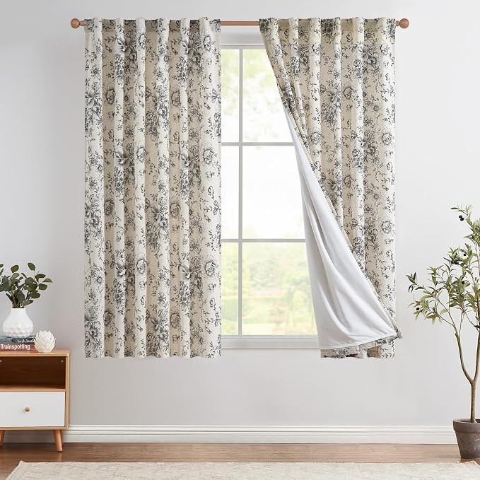 jinchan Black Floral Linen Curtains Lined 63 Inch Vintage Back Tab 2 Panels | Privacy lining, light filtering drapes, vintage, cottagecore, french country, rustic, bedroom, living room, window treatment
