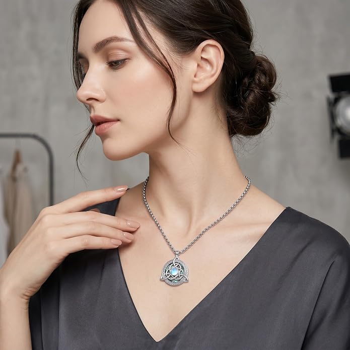 CRMAD Celtic Witchy Jewelry for Women Men Nudo De Bruja 18K White Gold Original Witches Knot Necklace Triple Moon Goddess Pendant Necklace