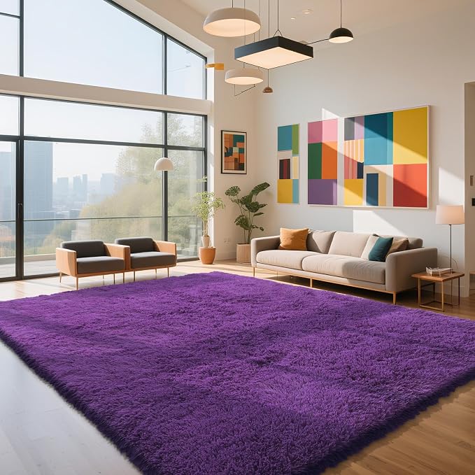 Purple Fluffy Rug Shag Area Rug, 9x12 Area Rugs for Girls Bedroom, Big Soft Shag Bedside Non-Slip Plush Dorm Carpet Home Decor Aesthetic