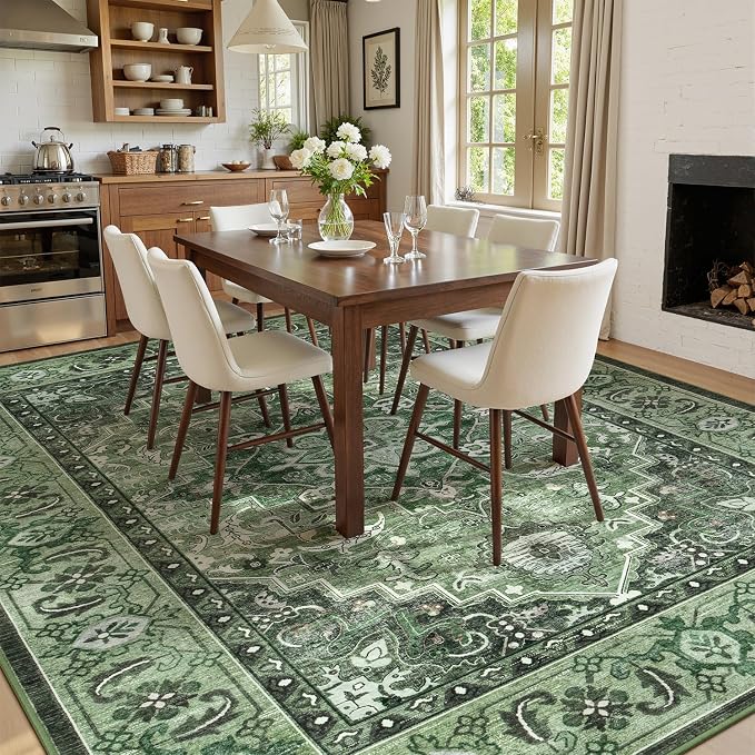 Lofus 8x10 Washable Rugs Non-Slip, Vintage Floral Area Rug for Living Room Bedroom Dining Room Kitchen, Low Pile Distress Print Medallion Carpet Home Decor Rug, Floral Sage Green