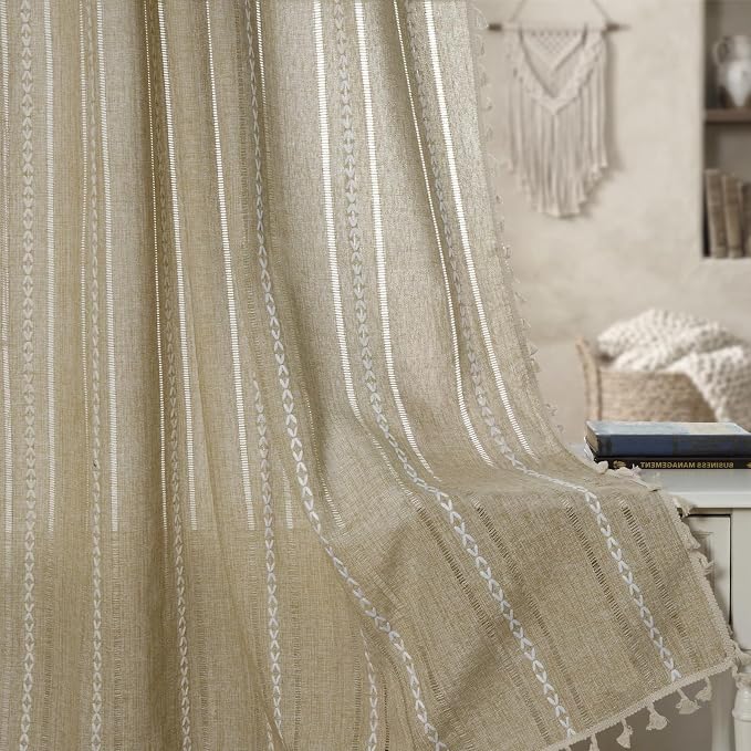 ColorBird Boho Curtains Linen-Textured for Living Room Bedroom Natural Brown 63 Inch Length Farmhouse Light Filtering Neutral Embroidered Striped Linen Drapes 2 Panels Window Treatment